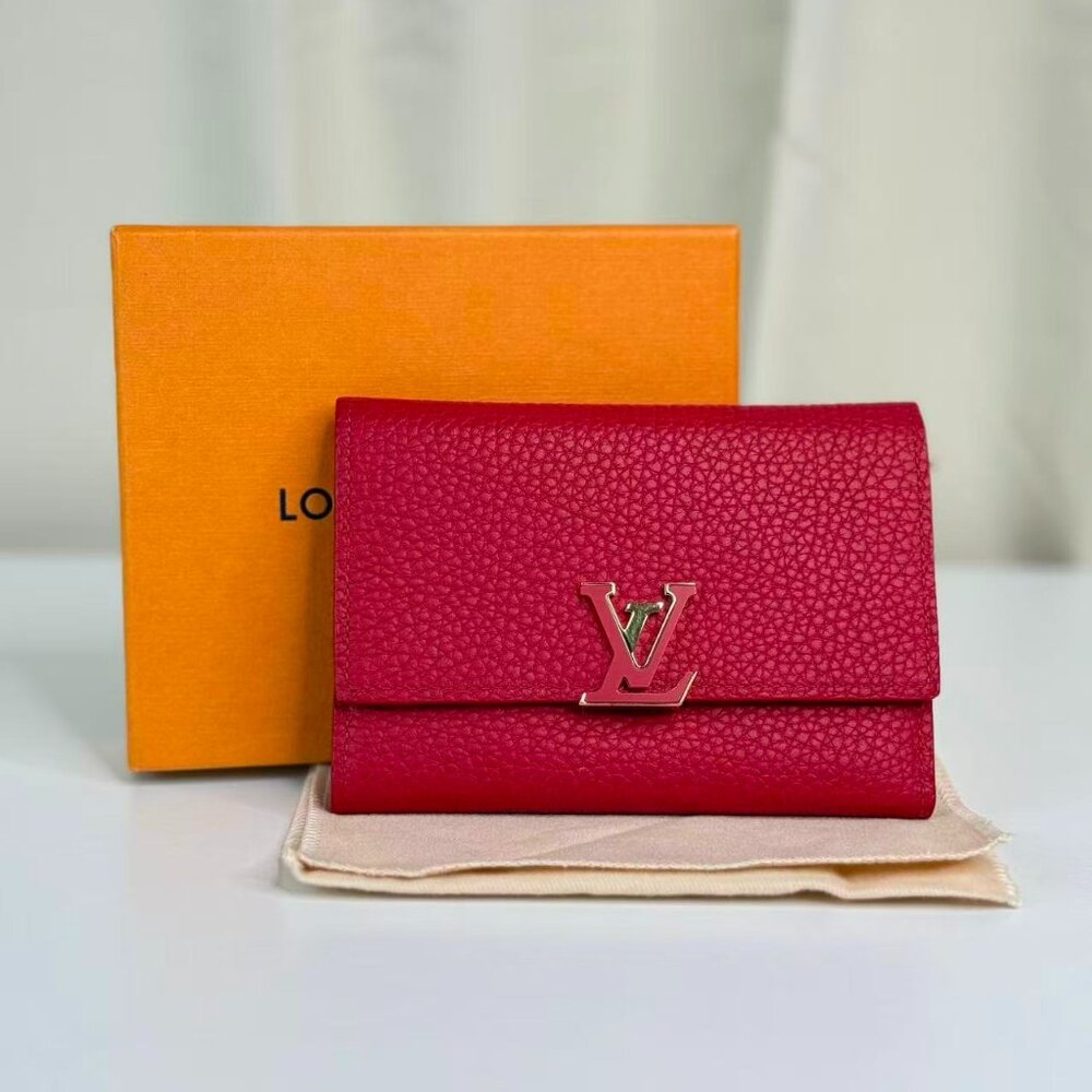 Louis Vuitton Red LV Logo Wallet Full Set with Authentic Orange Box & Cloth